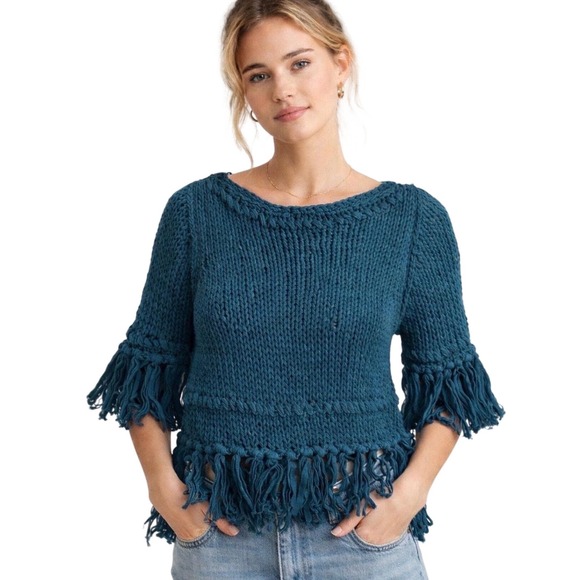 Free People Sweaters - Free People On the Fringe Teal Chunky Cotton Knit Fringe Sweater Boho XS